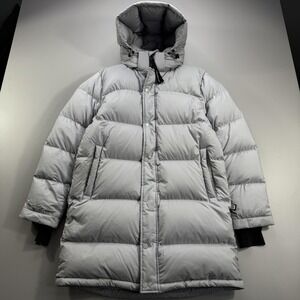 The Super Puff Jacket Womens Small Gray Hooded Down Puffer Long Winter Coat